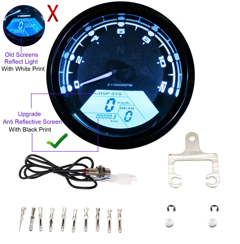 BLUERICE LCD Universal Digital Speedometer Odometer Tachometer, Motorcycle Speedometer 12000RPM 199 KMH MPH for 1,2,4 Cylinders with Bracket - Image 2